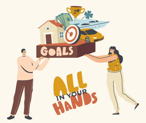 All in Your Hands, Goals Achievement Concept. Male and Female Characters Aiming to Success, Man and Woman Dreaming All in Your Hands, Goals Achievement Concept. Male and Female Characters Aiming to Success, Man and Woman Dreaming of Wellbeing, Wealth and Satisfaction with Life. Linear People Vector Illustration trophy wife stock illustrations
