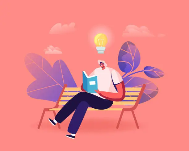 Vector illustration of Male Character Reading Literature Narration Sitting on Bench with Book in Hands and Glow Light Bulb over Head, Bookworm
