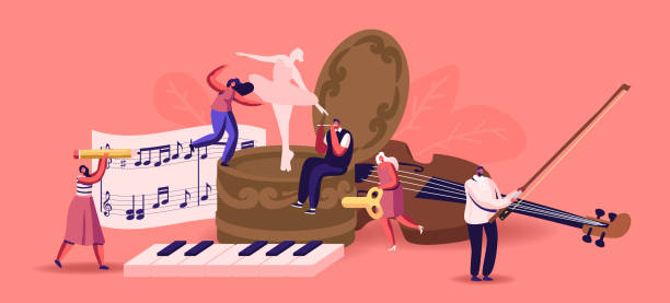 istock Tiny Male Female Characters Playing Musical Instruments around Huge Music Box with Dancing Ballerina. People with Violin 1295673913
