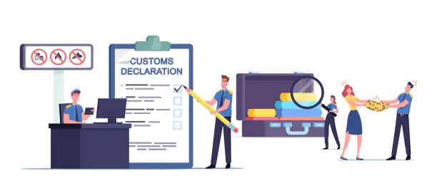 Vector illustration of Customs Officer Characters Filling Customs Declaration and Check Passenger or Tourist Baggage Confiscate Illegal Things