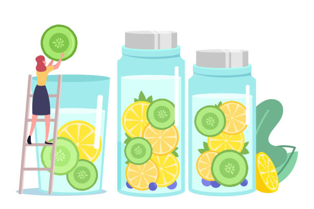 Tiny Female Character Put Cucumber Slice in Huge Water Glass Cooking Infused Water, Smoothies or Lemon Juice for Detox Tiny Female Character Put Cucumber Slice in Huge Water Glass Cooking Infused Water, Smoothies or Lemon Juice. Woman Making Cold Drink and Sweet Beverage for Detox Dieting. Cartoon Vector Illustration infused water stock illustrations