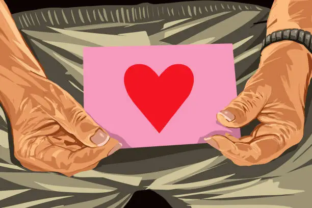 Vector illustration of Senior holding Saint Valentine's card