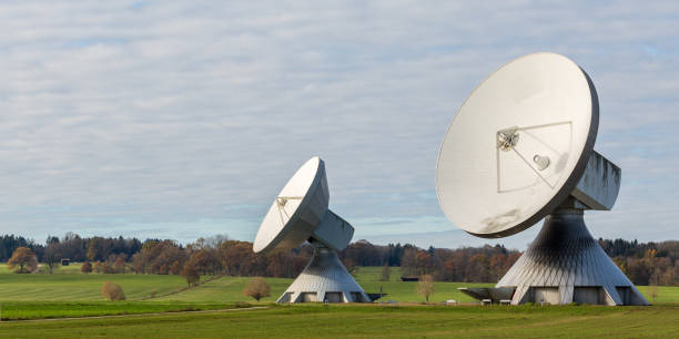istock Panorama photo with two huge satellite dishes 1295674147