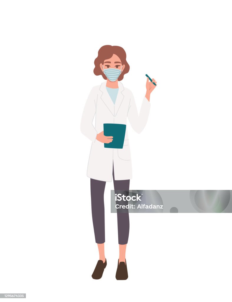 Female Doctor With White Coat And Medical Mask Cartoon Character Design  Flat Vector Illustration Isolated On White Background Stock Illustration -  Download Image Now - iStock