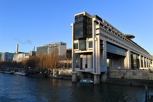 Paris, France-01 10 2021:The Ministry of the Economy and Finance building is situated in Bercy, in the 12th arrondissement of Paris, extends to the Seine, where there is an embarcadero with fast river boats for faster liaisons to other government agencies.