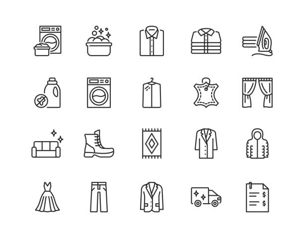 Dry cleaning flat line icon set. Laundry service symbol. Editable strokes Dry cleaning flat line icon set. Laundry service symbol. Editable strokes. carpet factory stock illustrations