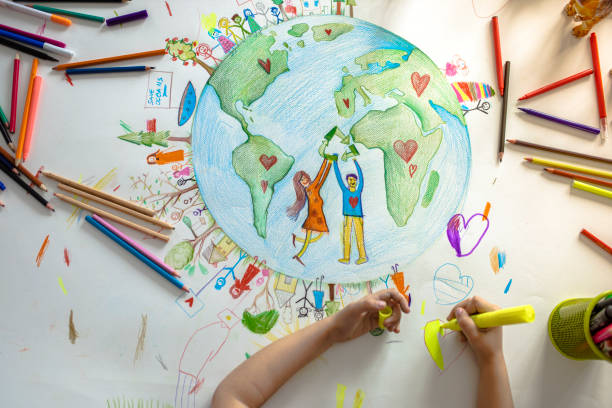 красочный рисунок планеты земля - paintings child house childhood стоковые фото и изображения