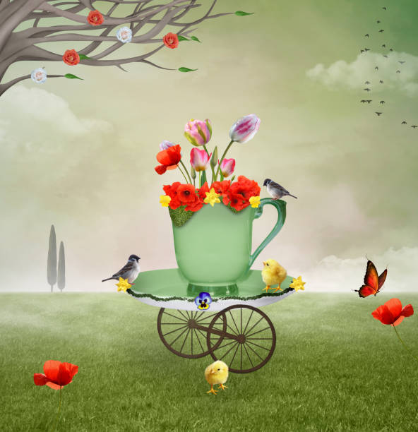 Decorative Vintage Model Old Bicycle Equipped Basket Flowers Garden. Toned Photo.