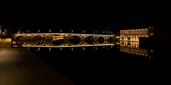 Main bridge in Toulouse at night; panorama from 20 images.