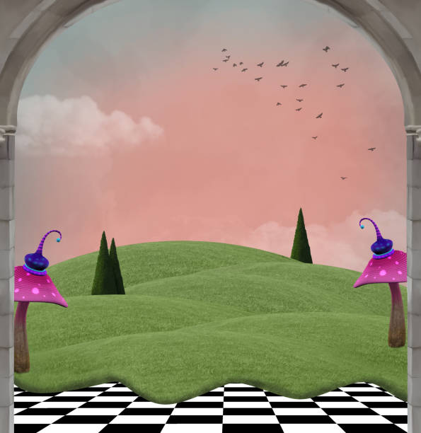 Surreal grassy hill with fantasy mushrooms - 3D render