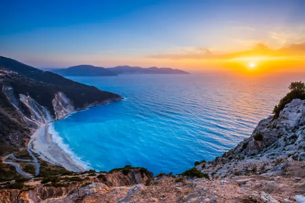 Kefalonia, Greece. View over Myrtos beach at sunset.