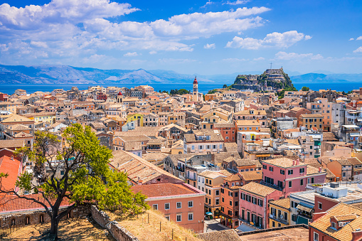 Corfu, Greece. Panoramic view of Old Town as seen from New Fortress.