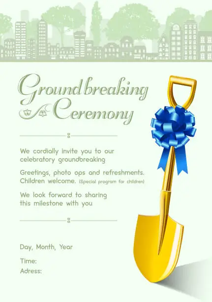 Vector illustration of Cordially invitation for groundbreaking ceremony with golden shovel and blue ribbon bow vector illustration