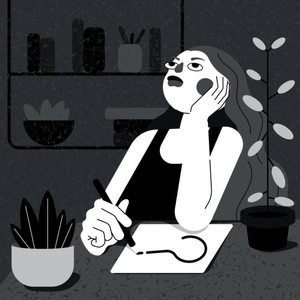 Girl and frustration. Black and white illustration. The woman ponders the problem. In front of her is a sheet with a question mark. Negative emotional coloring. question mark depression sitting asking stock illustrations