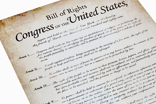 Close up of a copy of the bill of rights amendments one through four