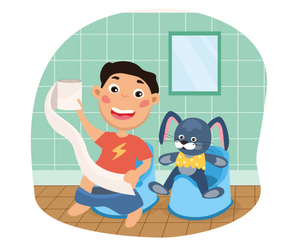 Young boy and his rabbit Young boy and his rabbit in potty training sitting on a kids toilet holding a roll of paper, colored cartoon vector illustration bathroom clipart stock illustrations