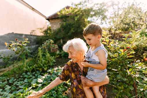 Photo of a senior woman holding her grandchild while showing him her homegrown, fresh vegetables in a home organic vegetable garden.