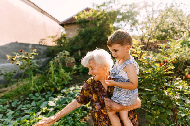 Visiting grandma's organic vegetable garden Photo of a senior woman holding her grandchild while showing him her homegrown, fresh vegetables in a home organic vegetable garden. 80 89 years photos stock pictures, royalty-free photos & images