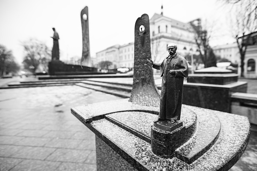 Lviv, Ukraine - April 12, 2019: Model of monument to Taras Shevchenko in Lviv. Model for blind people to see the monument. Covid-19 Quarantine