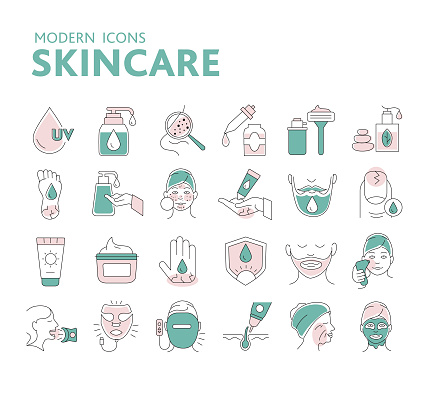 Vector illustration of a set of thin line icons for modern skin care applications. Includes UV protection, skin moisturizer treatments, acne treatments, essential oils, razor and shaving cream, dry cracked feet, skin cleanse, for men beard moisturizer, crack dried nail treatment, sunscreen, dry cracked hand, LED skin facial mask, Light therapy wand, wrinkles, smart LED teeth whitening kit. Easy to edit. Includes vector eps and jpg in download.