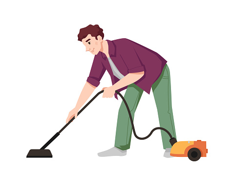 Guy Vacuums Flat With Vacuum Cleaner Isolated Flat Cartoon Character Vector  Male Doing Housework Chores Housekeeping And Cleaning Apartment Husbands  Vacuuming House With Hoover Electric Appliance Stock Illustration -  Download Image Now -