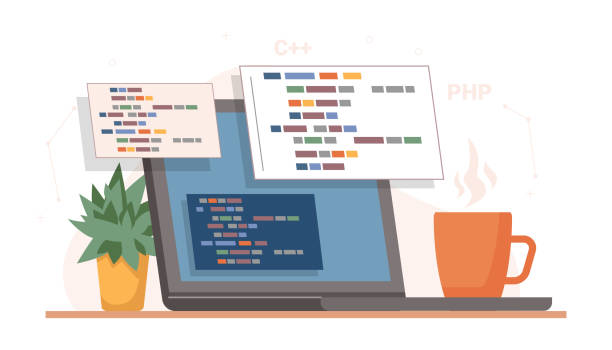 kodowanie i programowanie, tworzenie witryn przy użyciu specjalnego języka. izolowany ekran laptopa lub komputera z filiżanką kawy i roślin w doniczce. biurko programisty, programisty online. wektor w stylu płaskim - computer programmer designer computer computer language stock illustrations