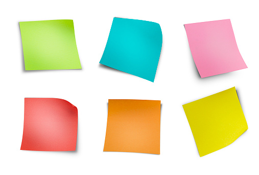 six multicolored sticky notes on isolated white background
