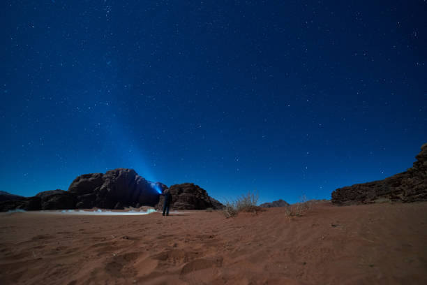 istock man with a torch at night in Jordan wadi rum desert 1295691624