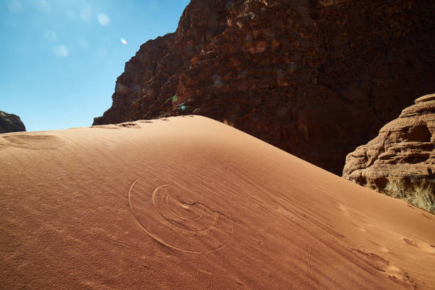 istock Perfect circle footprint done by the wind in a wadi rum desert dune 1295691885