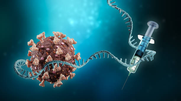 коронавирус или сарс-ков-2 вирусная клетка с посыльным рнк или мрнк и шприцем на синем фоне 3d-иллюстрации с копировальной промесяной. вакцин - human rna стоковые фото и изображения
