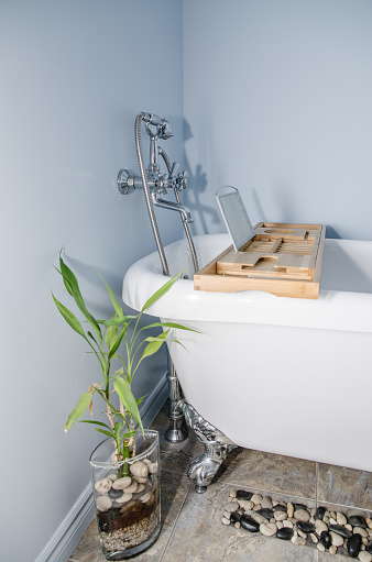 Bathtub with faucet and bath tray. Rows of stones and bamboo plant stands besides the tub.