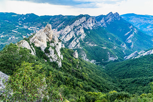 Scenic landscape viewed from Pietrapertosa of the Dolomiti Lucane mountain range in the heart of Basilicata region, Italy