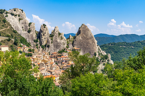 View of Castelmezzano, a typical village under the peaks of the Dolomiti lucane in Basilicata region, Italy
