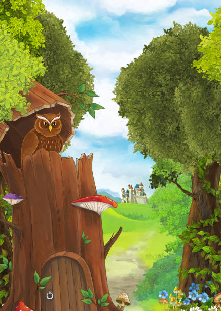 올빼미가 성 근처 낮에 나무에 앉아있는 만화 장면 - 일러스트 - castle fairy tale palace forest stock illustrations