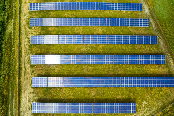 istock Top down view of solar panels on green field, Poland 1295700332