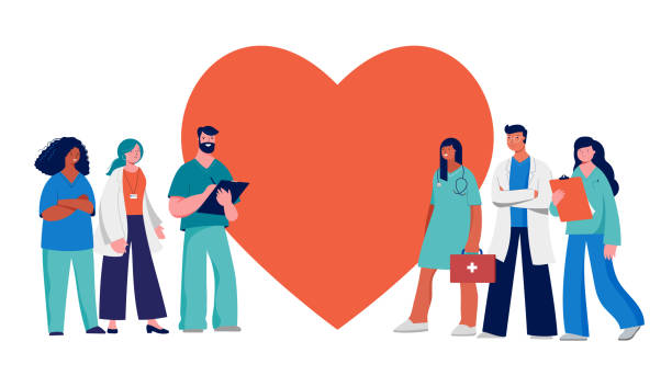Thank you doctors and nurses concept design - group of medical professionals on a red heart background Thank you doctors and nurses concept design - medical staff on a red heart background. Vector illustration medical occupation stock illustrations