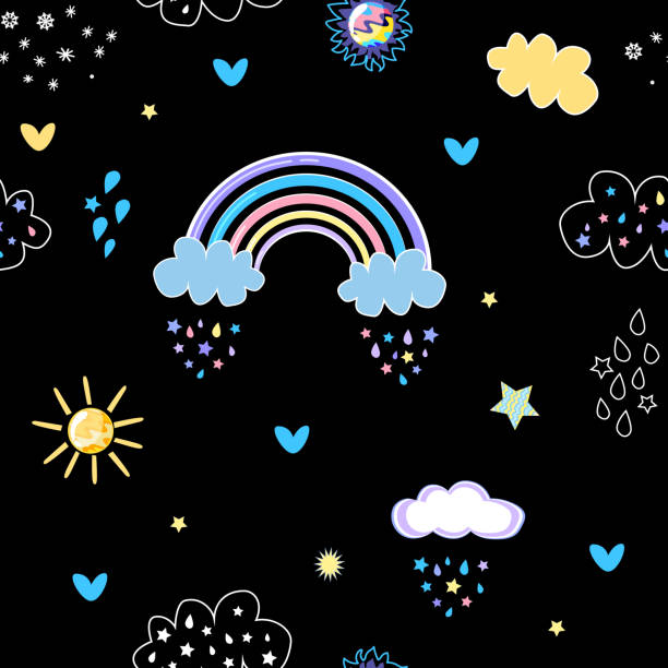 ilustraciones, imágenes clip art, dibujos animados e iconos de stock de bonito patrón sin costuras con arco iris, nubes, lluvia, sol aislado en el fondo negro. ilustración vectorial - seamless pattern meteorology snowflake