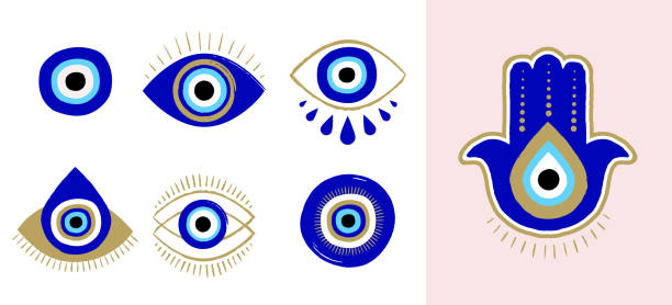 böses auge oder türkische augensymbole und symbole gesetzt. moderne amulett design und wohnkultur idee - evil eye beads stock-grafiken, -clipart, -cartoons und -symbole