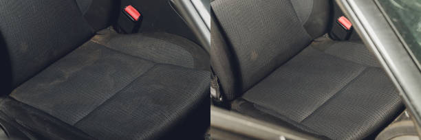 istock Car interior textile seats chemical cleaning with professionally extraction method. Early spring cleaning or regular clean up. before and after the procedure 1295701797