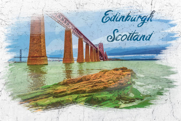 ilustrações de stock, clip art, desenhos animados e ícones de iron bridge over bay in edinburgh, watercolor painting - firth of forth rail bridge bridge edinburgh europe