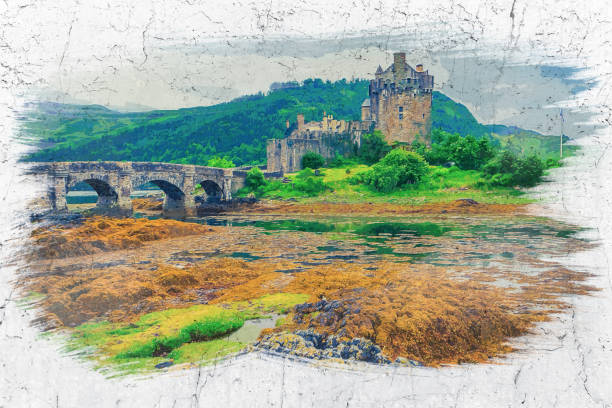 Eilean Donan Castle in autumn, Scotland, watercolor painting Eilean Donan Castle in autumn, Scotland, UK, watercolor painting scottish highlands castle stock illustrations