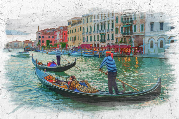 gondoliere segeln mit touristen auf dem canal grande, aquarell - gondolier stock-grafiken, -clipart, -cartoons und -symbole