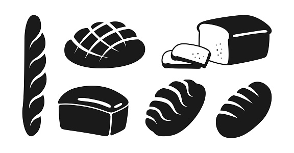 Bakery flat black icon set. Bread rye, whole grain and wheat loaf bread and french baguette, ciabatta. Baked goods, design menu bakery pastry symbol. Stylish modern vector illustration