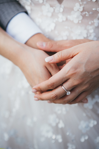 Close-Up Of Couple Holding Hands with wedding rings