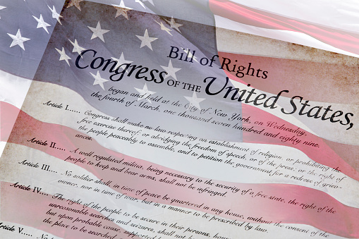 Close up of a copy of the bill of rights amendments one through four