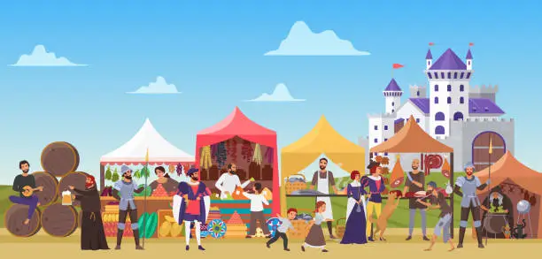 Vector illustration of Medieval fair vector illustration, cartoon flat middle ages or fairy tale fair market with lady and sir characters, jester dancing, priest drinking beer background