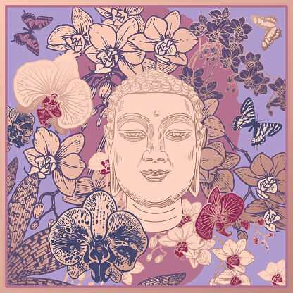 Floral pattern. Buddha's head, exotic tropical flowers orchids and butterflies. Vector illustration. Vintage. Flower background for for scarves, pillows, prints on textile and other.