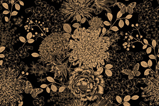 vintage nahtlose muster. blumen, beeren und blätter. goldfolie auf schwarzem hintergrund. vektor. - botany wallpaper pattern wallpaper illustration and painting stock-grafiken, -clipart, -cartoons und -symbole