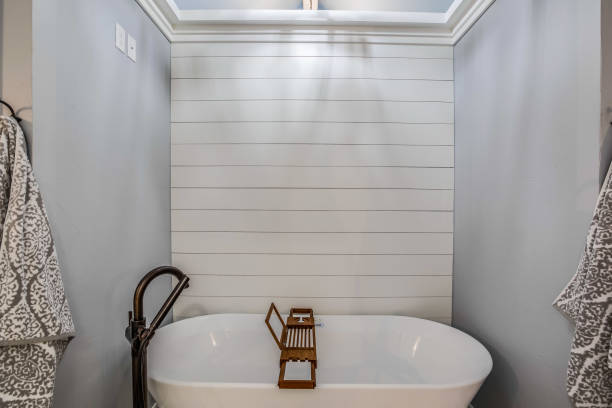 istock Free standing bathtub with black faucet 1295718036