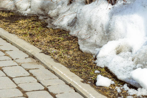 istock pavement edge with a curb stone and a lawn covered with melting snow in spring, selective focus 1295719624